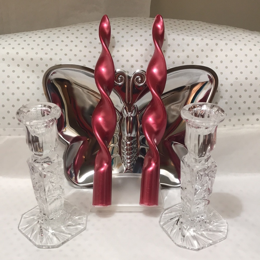 Vintage Pair of Crystal Cut Candlestick Holders  Red Christmas Candle Sticks